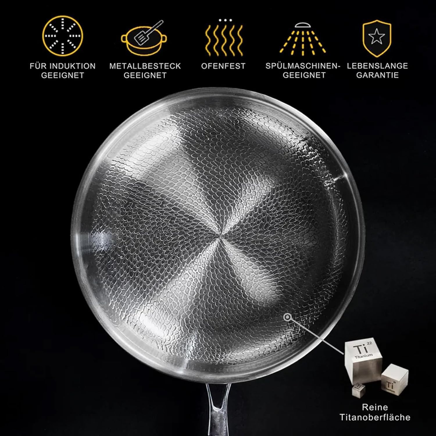 Titan Pfanne Unbeschichtet 26/28/30/32 cm – Antihaft Bratpfanne mit Deckel, Edelstahlpfanne, Kratzfest & Induktionsgeeignet für Alle Herdarten | Multifunktionale Edelstahlpfanne (Mit Deckel, 26cm)