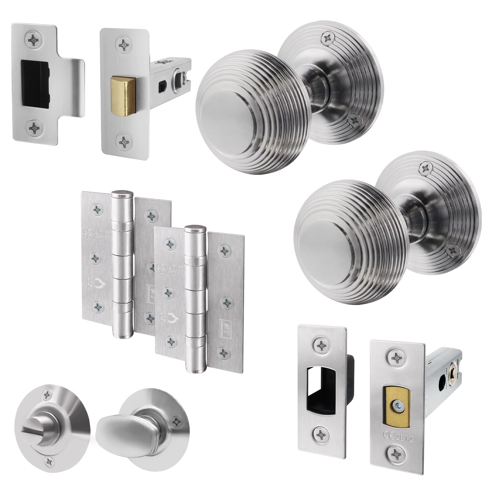 EAI Beehive Door Knob Set Satin Chrome | 1 Pair of Reeded Mortice Knobs (55mm), Latch & Deadbolt Kit (76mm), Hinges (76mm) & Turn & Release for Internal Doors