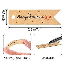 G2PLUS Small Merry Christmas Tags - 100Pcs Deer Kraft Paper Gift Tags with String for Gift Wrapping, Goodies Bags, Christmas Holiday Party Favors(2.8\'\'x0.8\'\')