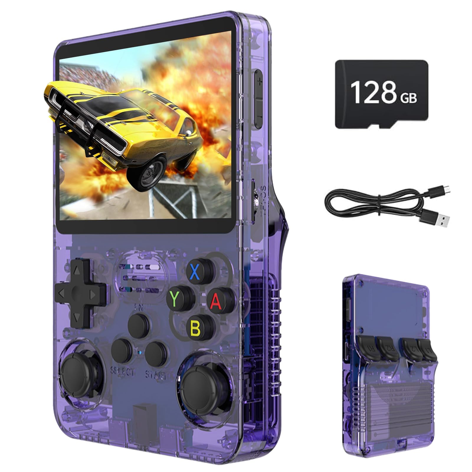 R36S Retro Handheld Spielkonsole, 3,5 Zoll IPS-Bildschirm, 128 GB Speicher, 20.000 Vorinstallierte Spiele, Linux System, Tragbare Handheld Konsole (Lila)