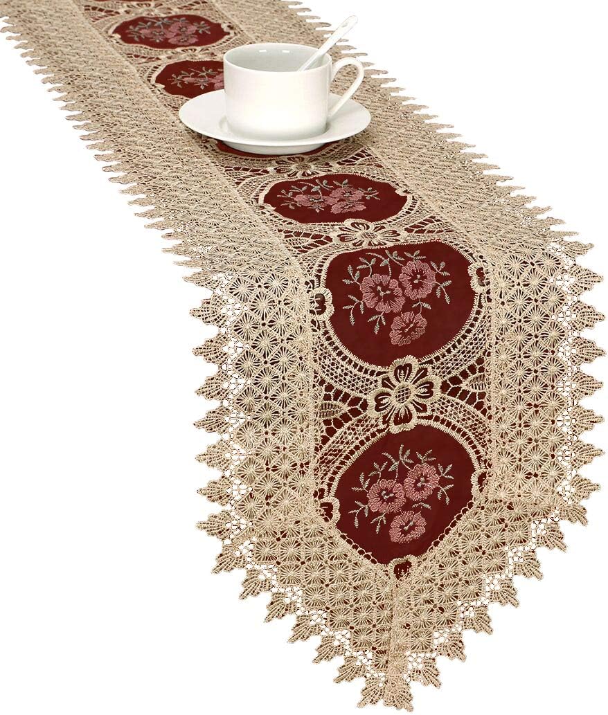 Simhomsen Vintage Gold Burgundy Lace Table Runner and Dresser Scarves Embroidered 13 × 156 Inch