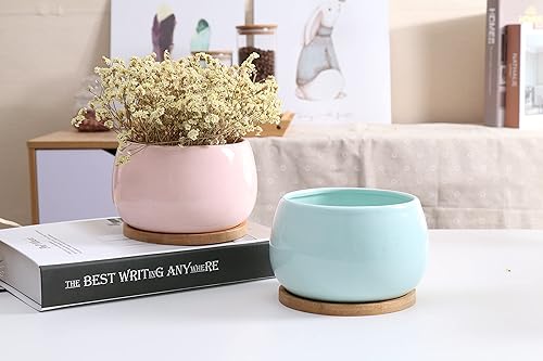 Miniatura 5 de Jusalpha Maceta grande de cerámica de 5 pulgadas con orificio de drenaje y platillo de bambú para plantas de interior, maceta 07 (azul)