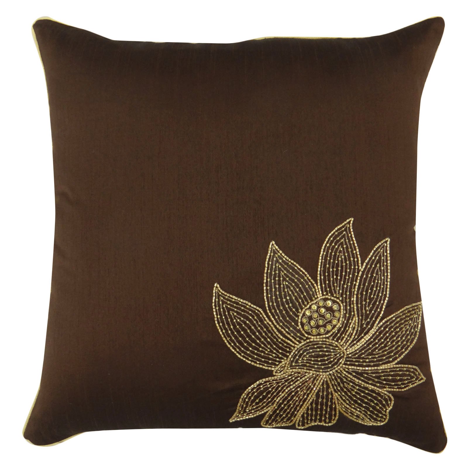 Housse coussin marron perles 60x60 taie oreiller décorative lotus floral S4Sassy