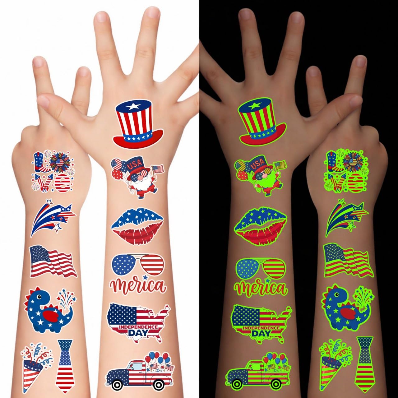 105PCS 4th of July Temporary Tattoos - USA Fourth Of July Stickers Party Favors Decorations Supplies Accessories For Kids Adult Patriotic American Flag Red White Blue Independence Memorial Labor Day