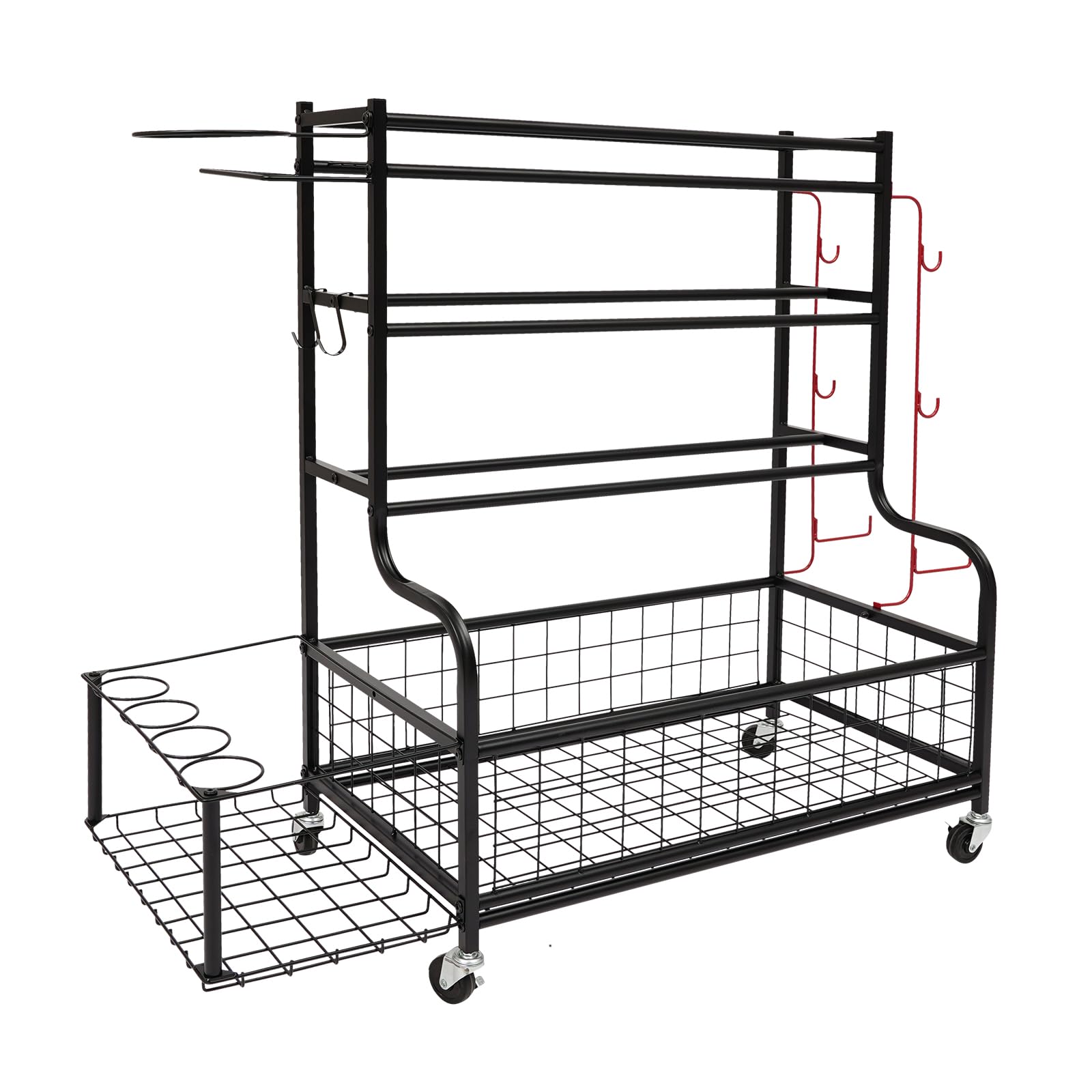 Scaffale da palestra a 4 ripiani, con ruote, organizer multifunzione con ganci, per garage, soggiorni, palestre