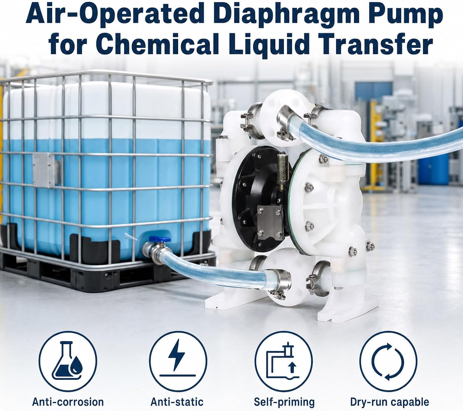 1" PP Pneumatic Double Diaphragm Pump, Air-Powered Chemical Transfer Pump, Anti-Corrosion, Anti-Static, Self-Priming, Dry-Run Capable for Corrosive Fluids,electroplating solution