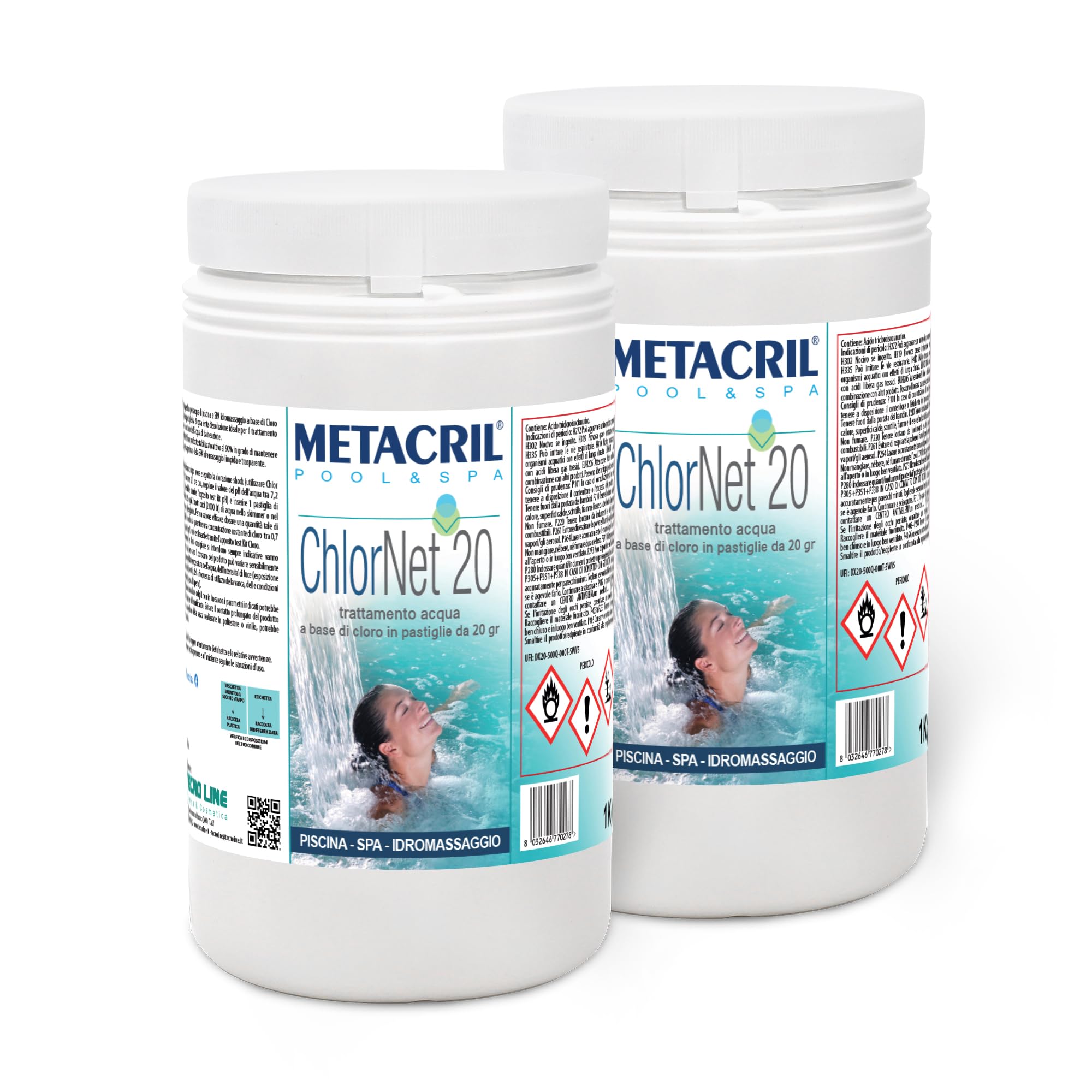 Metacril Chlor Net 20, Tricloro past. 20gr a Lenta Dissoluzione - (1+1) 2Kg | Tavolette a lenta dissoluzione, Ideale per Piscina e Spa Idromassaggio