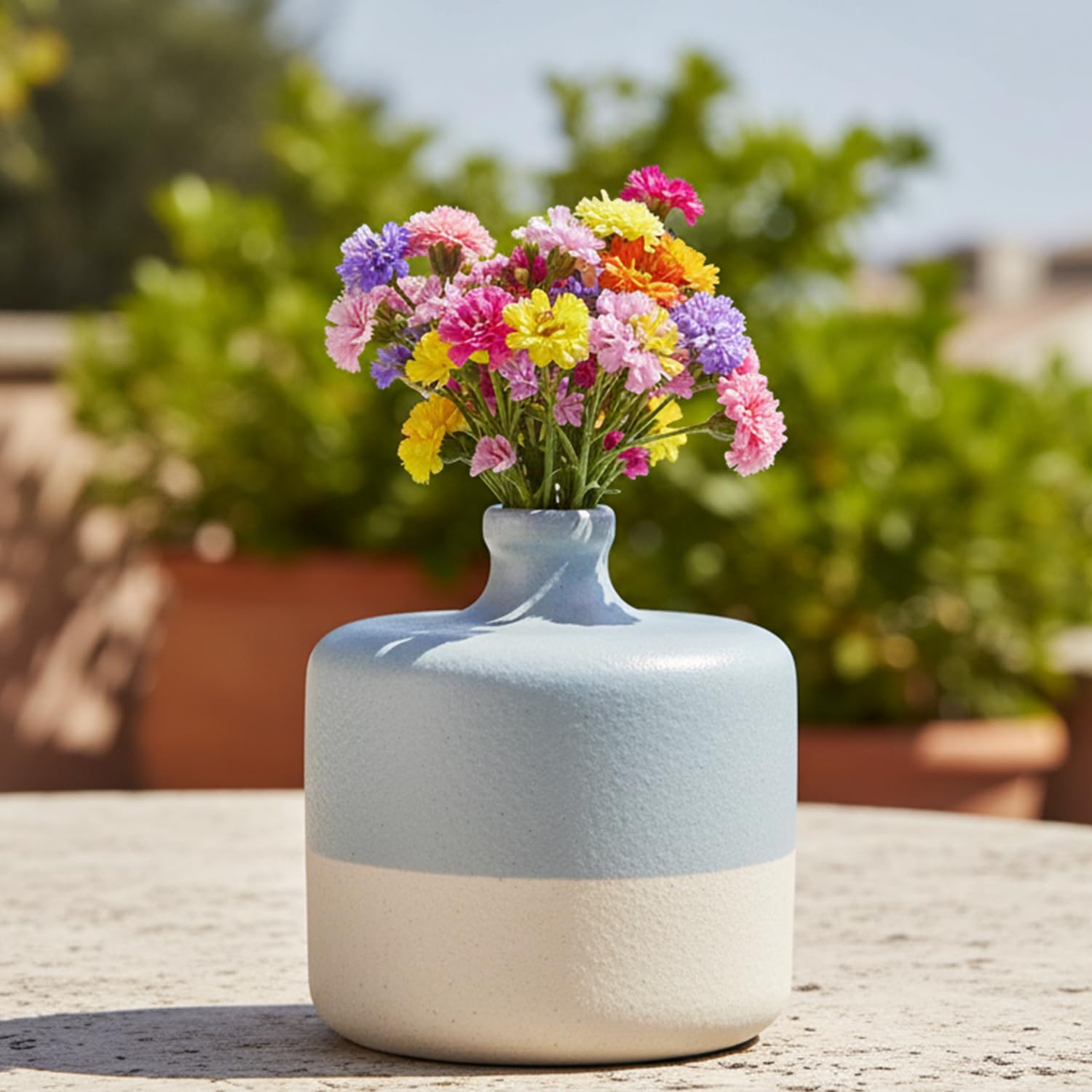 UTC Ceramic Decorative Sky Blue vase, Decor Center Piece for Home Round Short Neck, Speckled Design Body and Banded Rim Bottom Design for Living Room, Table, Office décor: 7.00" x 7.00" x 8.25" H