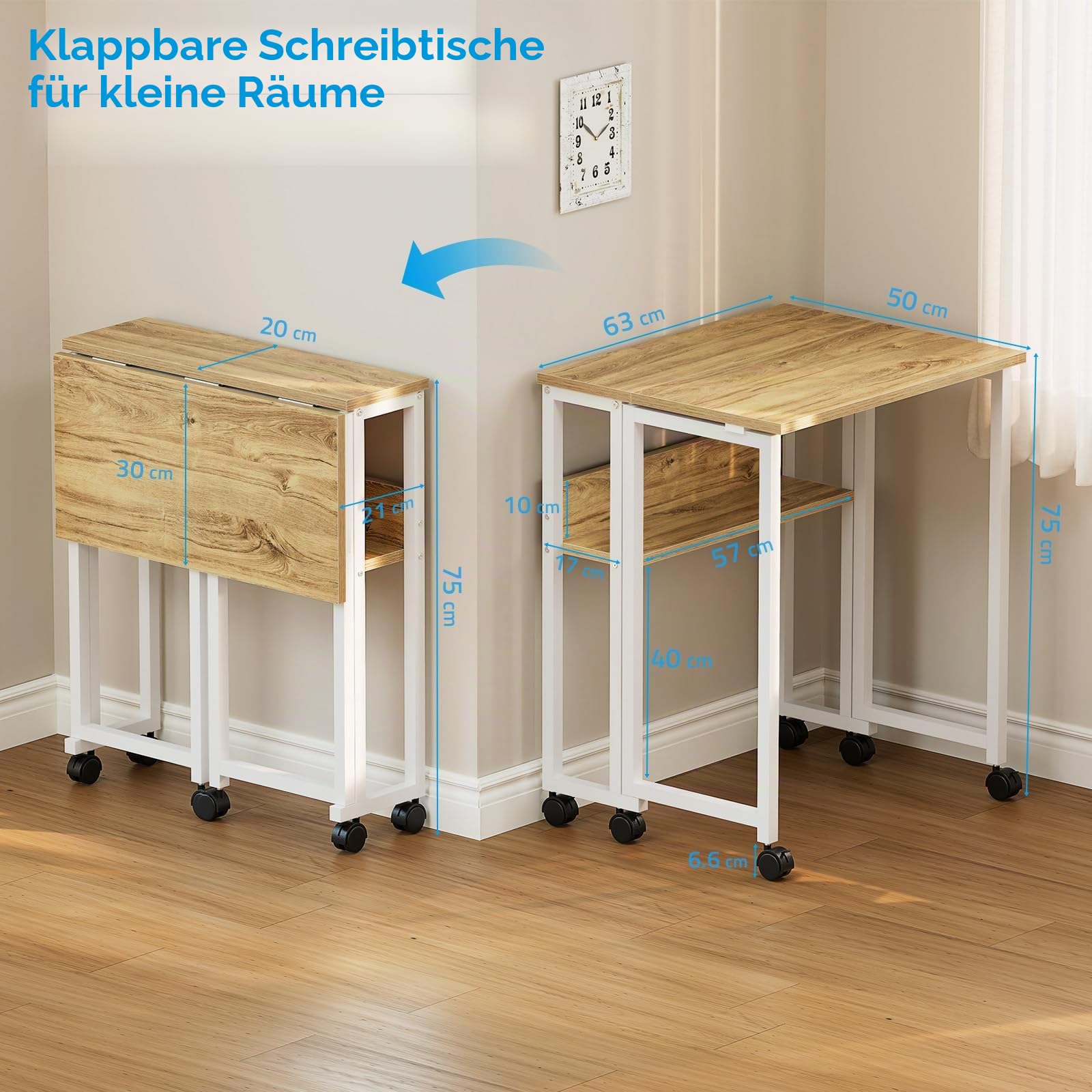 GreenForest Kleiner Schreibtisch Klappbar mit Rollen, 63 cm Klappbarer Schreibtisch, Platzsparend & Einfache Montage – für Homeoffice, Studenten & kleine Räume, Beige | Mit platzsparendem Regal, tragbar, einfach zu montieren, für Heimbüro, Studio, Basteln