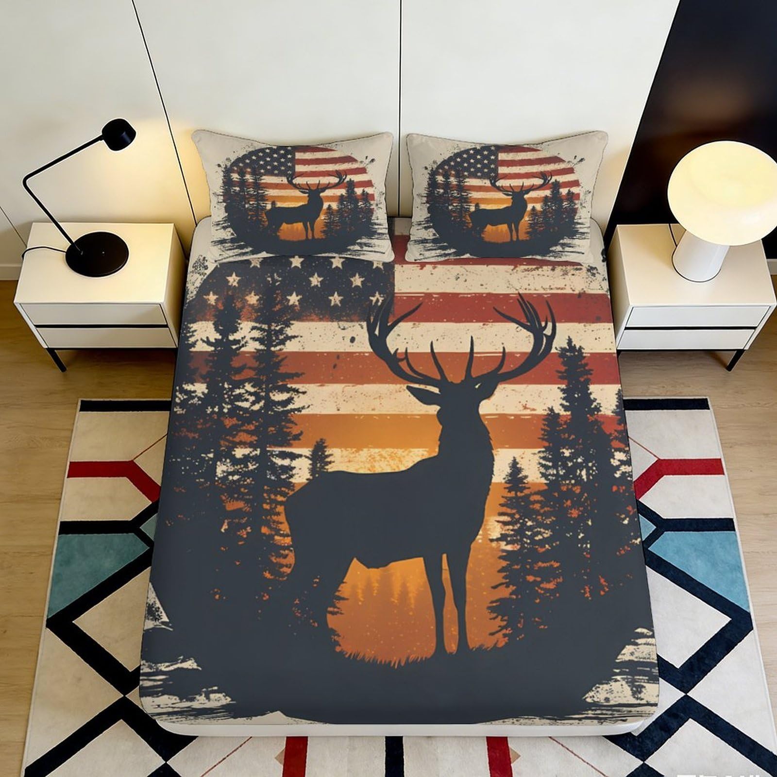 3D Printed Deer Forest Fitted Sheet Microfiber Deep Pocket Bedroom Bedding Set Stag Woodland Mattress Fitted Cover Non-Slip for Adults Teens 120x200x25cm