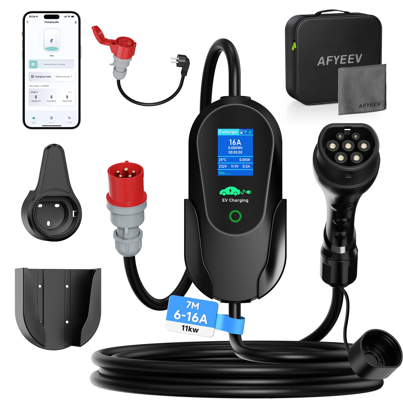 Mobile Wallbox 11kW mit APP, Typ 2 Ladekabel CEE Stecker [3-phasig|7m|6-16A] Ladekabel CEE 16A auf Typ 2, EV-Charger für IEC 62196-2