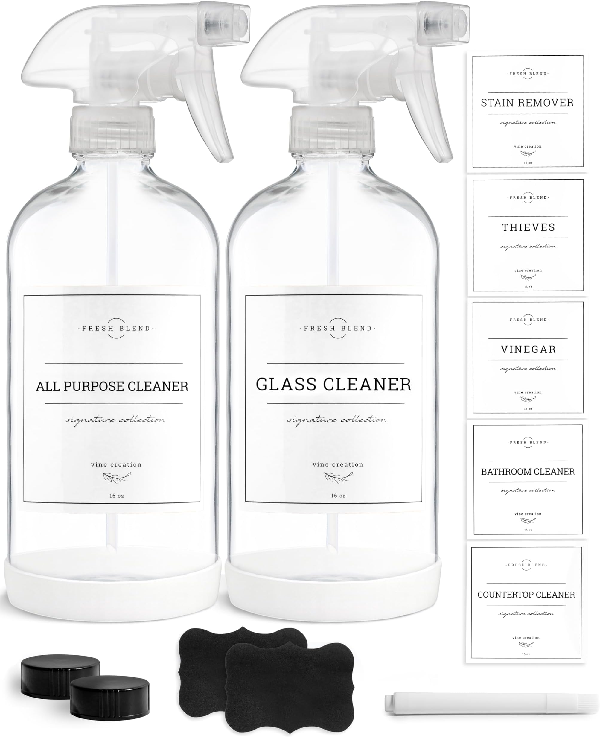 Vine Creations Glass Spray Bottles, 2 Pack Refillable Spray Bottles for Cleaning Solutions, Clear Spray Bottle for plants, Water Spray Bottle Sprayer, Glass Spray bottles 16 oz with Waterproof Labels