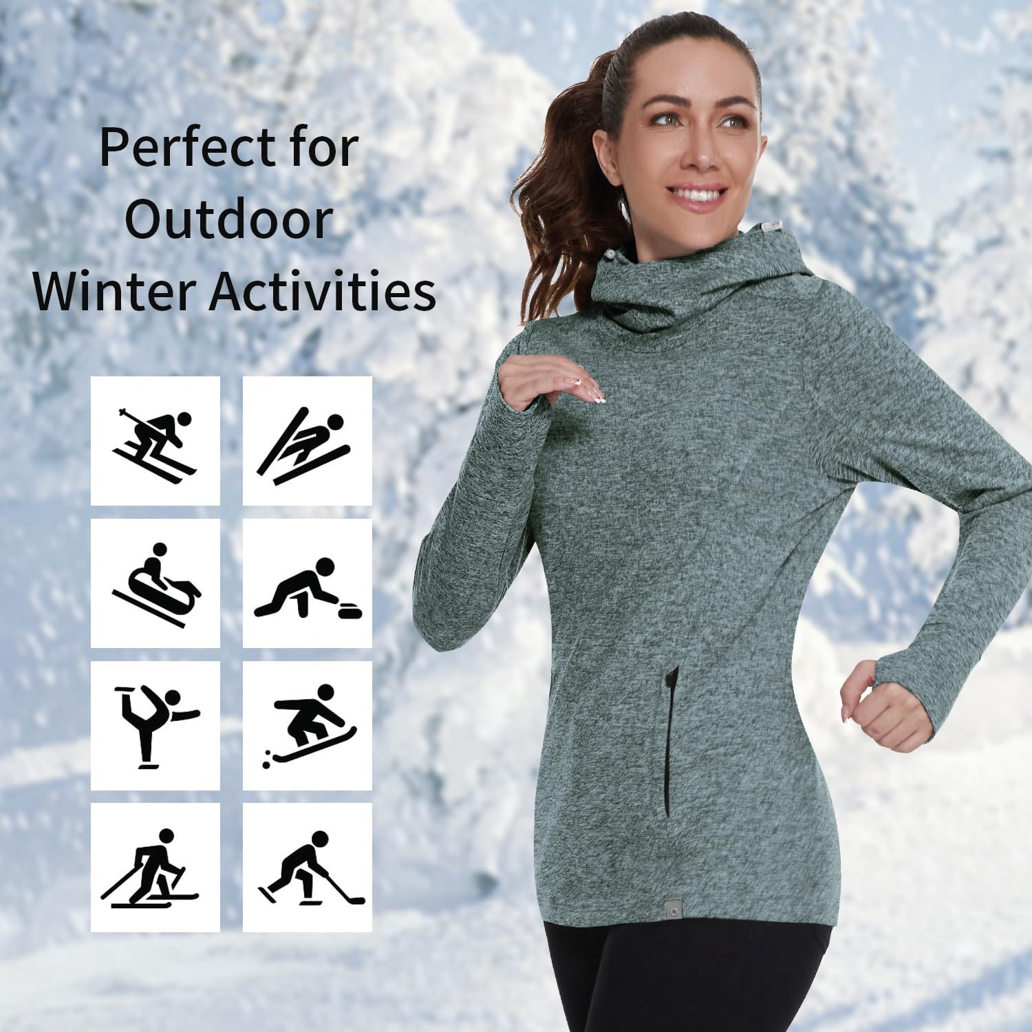 Soneven Women's Fleece Running Pullover Sweaters Winter Cowl Neck Sweatshirt Thermal Shirt Athletic Sweaters with Thumbholes