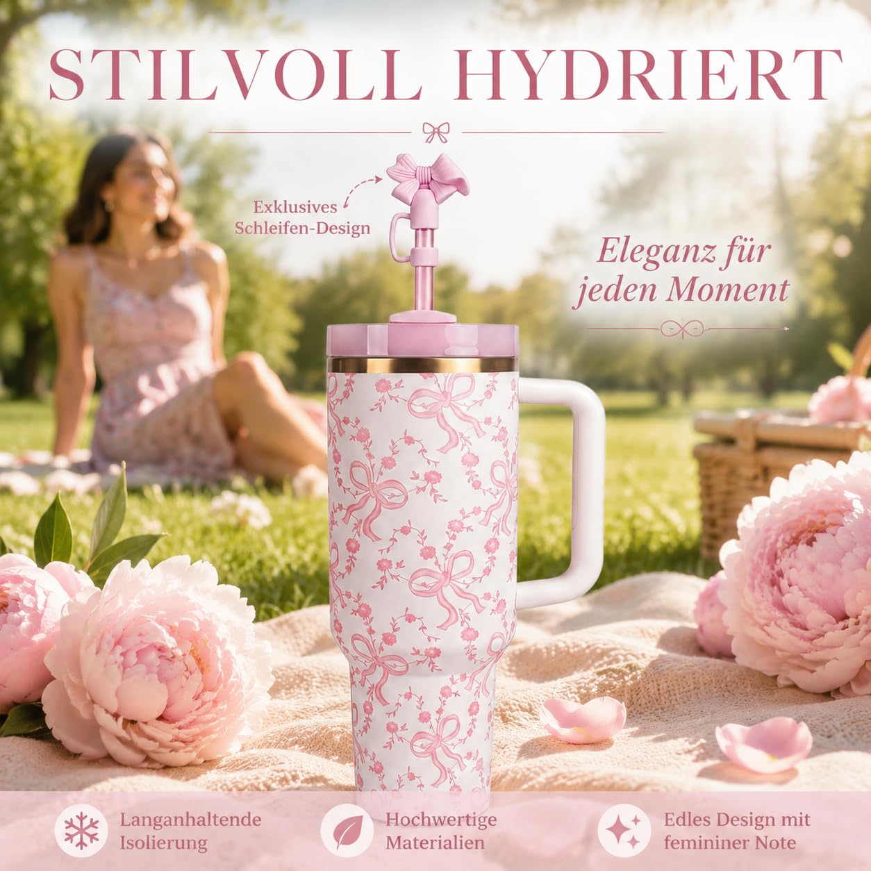 Vaso térmico de 40 oz con tapa y paja, vaso aislado de acero inoxidable con mango y paja, vaso de viaje con lazo y estampado floral para mujer, novia (Coquette