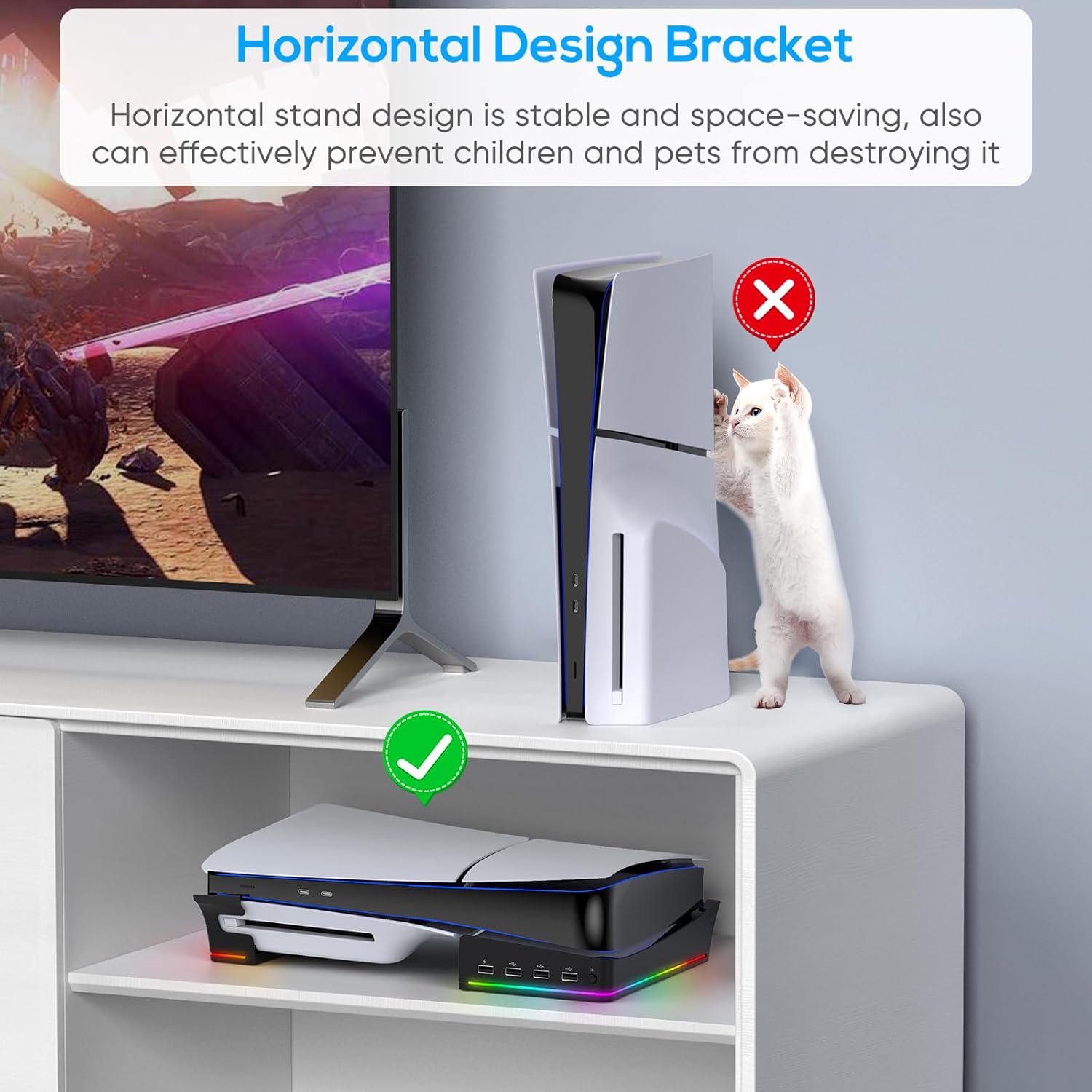 Auarte RGB Horizontal Stand for PS5 Pro / Slim Console Accessories with 14 Light Mode and 4 USB Hubs, Side Stand for Playstation 5 Pro / Slim Disc & Digital, Base Holder with Fast Charging, Carbon Black