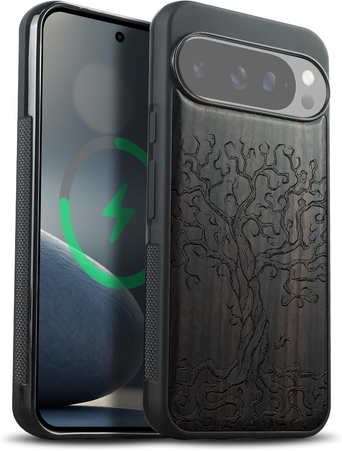 Carveit Magnetic Wooden Case for Google Pixel 10 Pro XL Case, Wood Artisan Engraved & Soft TPU Shockproof Cover, Compatible with MagSafe Wireless Chargers (Twisted Tree of Life) Blackwood