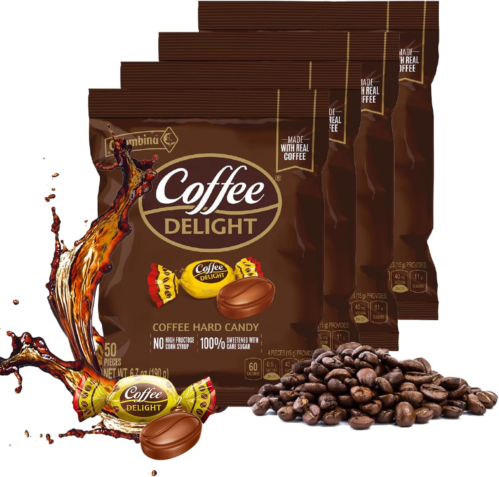 Colombina Coffee Delight Hard Candy - Pack of 50 Gluten Free Coffee-Flavored Candies Made w/Real Colombian Coffee (50 Count) (6.7oz - 190g) (4 Pack)