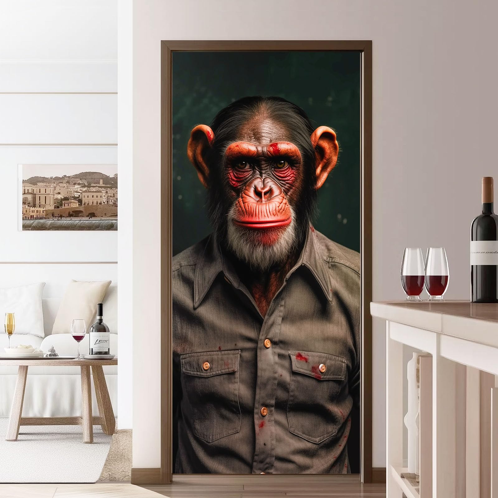 Tier Schimpanse Türaufkleber, Tier Graffiti Wasserdicht Türfolie Selbstklebende Fototapete, Schwarz PVC Abnehmbar Poster Türfolie für Schlafzimmer Badezimmer, 95x215 cm