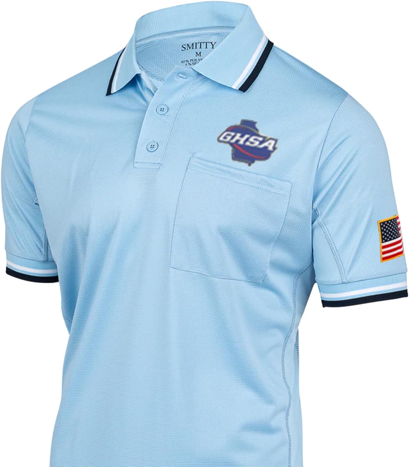 Smitty | GA-300-PB | Georgia GHSA Logo Dye Sublimated Powder Blue Referee Short Sleeve Shirt with USA Flag Official's Choice