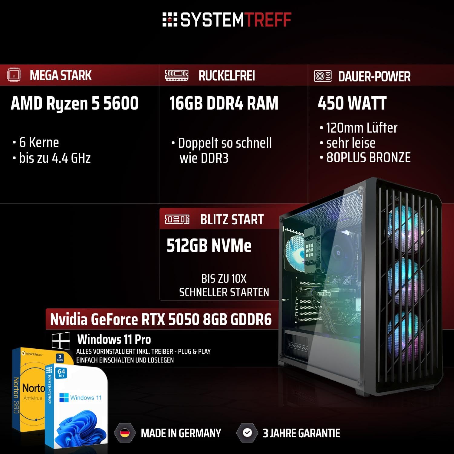 SYSTEMTREFF Gaming PC - AMD Ryzen 5 5600 - RTX 5050 8GB GDDR6 | AMD 6-Kern CPU bis 4.4 GHz, 16GB DDR4, 512GB M.2 NVMe SSD, Nvidia Grafik WLAN, Windows 11, für Gaming, Streaming