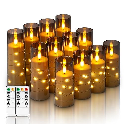 Homemory 12Pcs Flameless Candles with Star String Fairy Lights, Flickering Battery Operated Candles, LED Fake Candles with Remote and Timer, Halloween, Weddings, Home Decor, Grey - Grey-12pcs - 12pcs, D2.2"x H5"6"7"