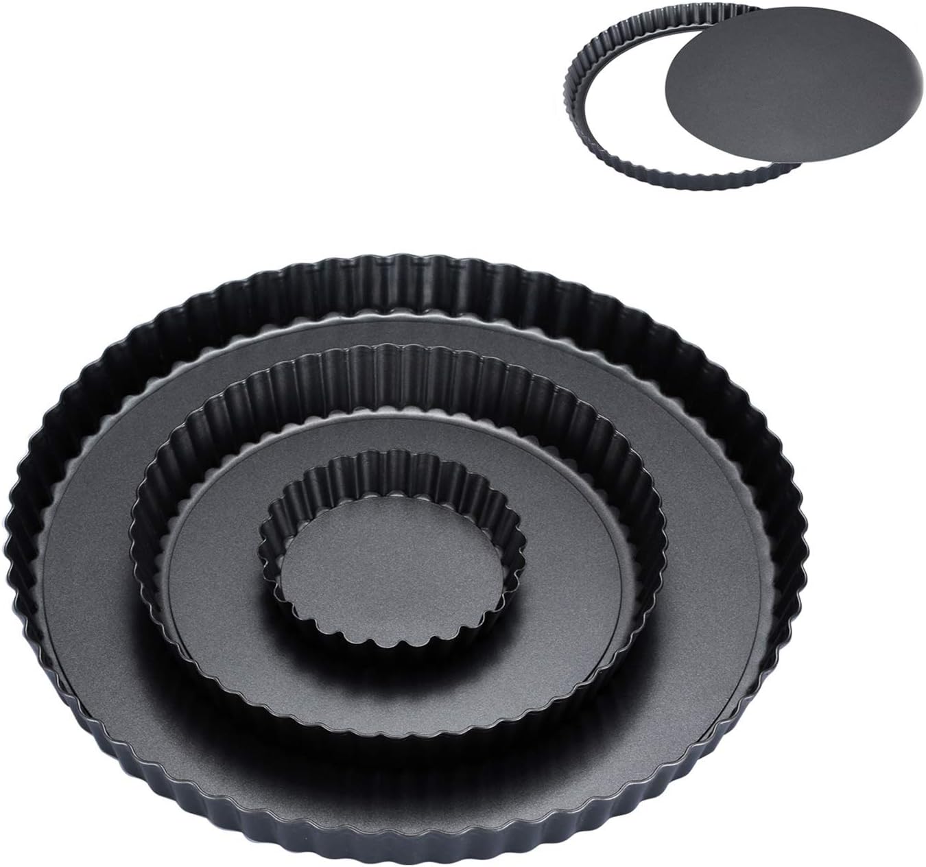 AOMGD 3 Pack Tart/Quiche Pan Set with Removable Bottom,Round Loose Bottom Non-stick Carbon Steel Pie Molds,Black(4" & 8" & 12")