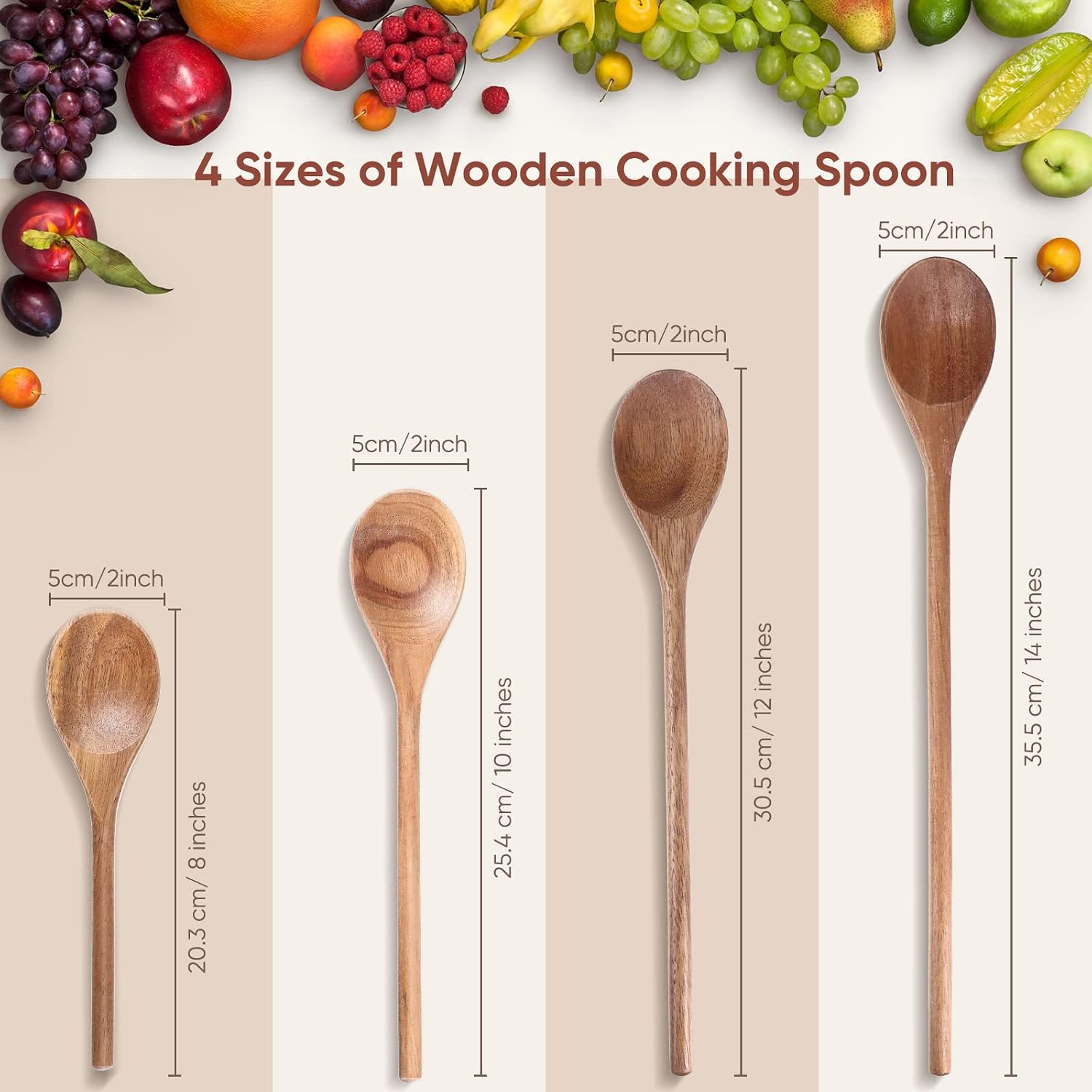 4 Pcs Acacia Wood Cooking Spoons, 8-14 Inch Long Handle Set