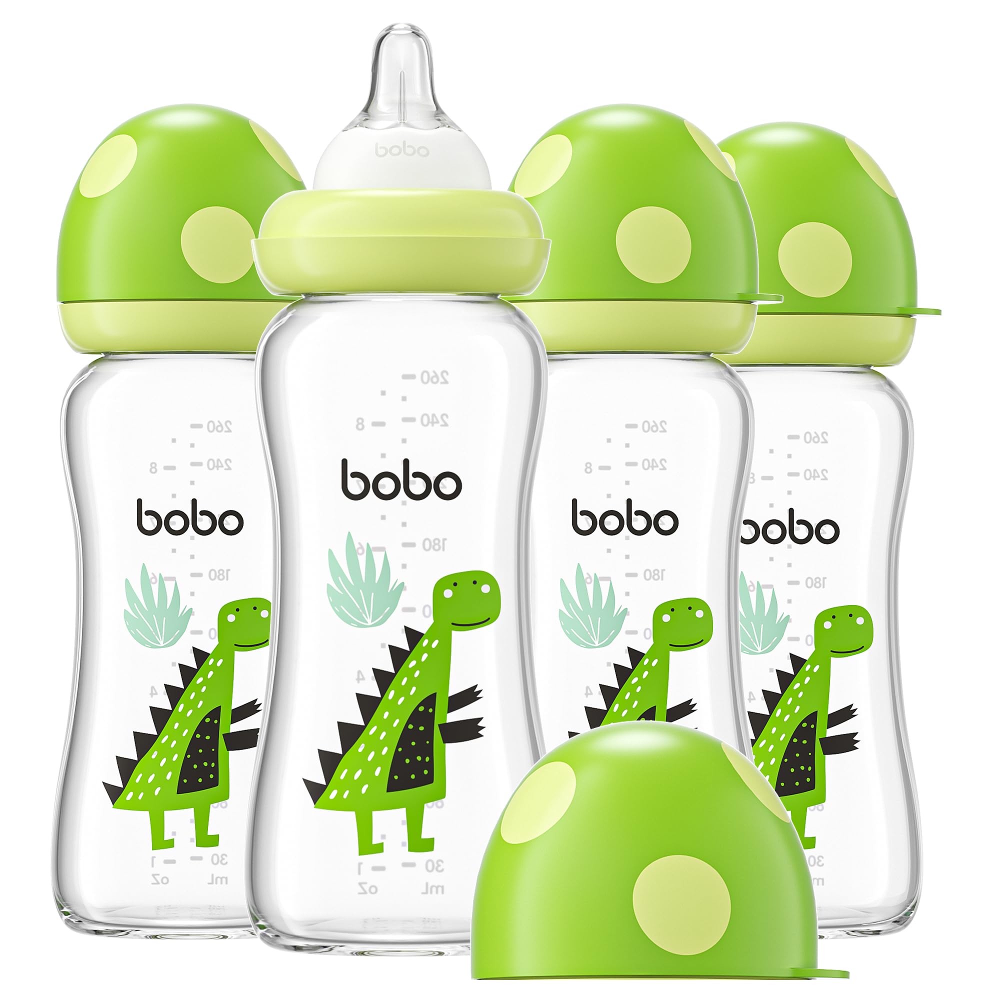 YOHKOH Natural Glass Baby Bottle with Level 2 Medium Flow Nipple, Newborn Anti-Colic Baby Bottles, Wide Neck Mushroom Baby Glass Bottle (8.8ounce (