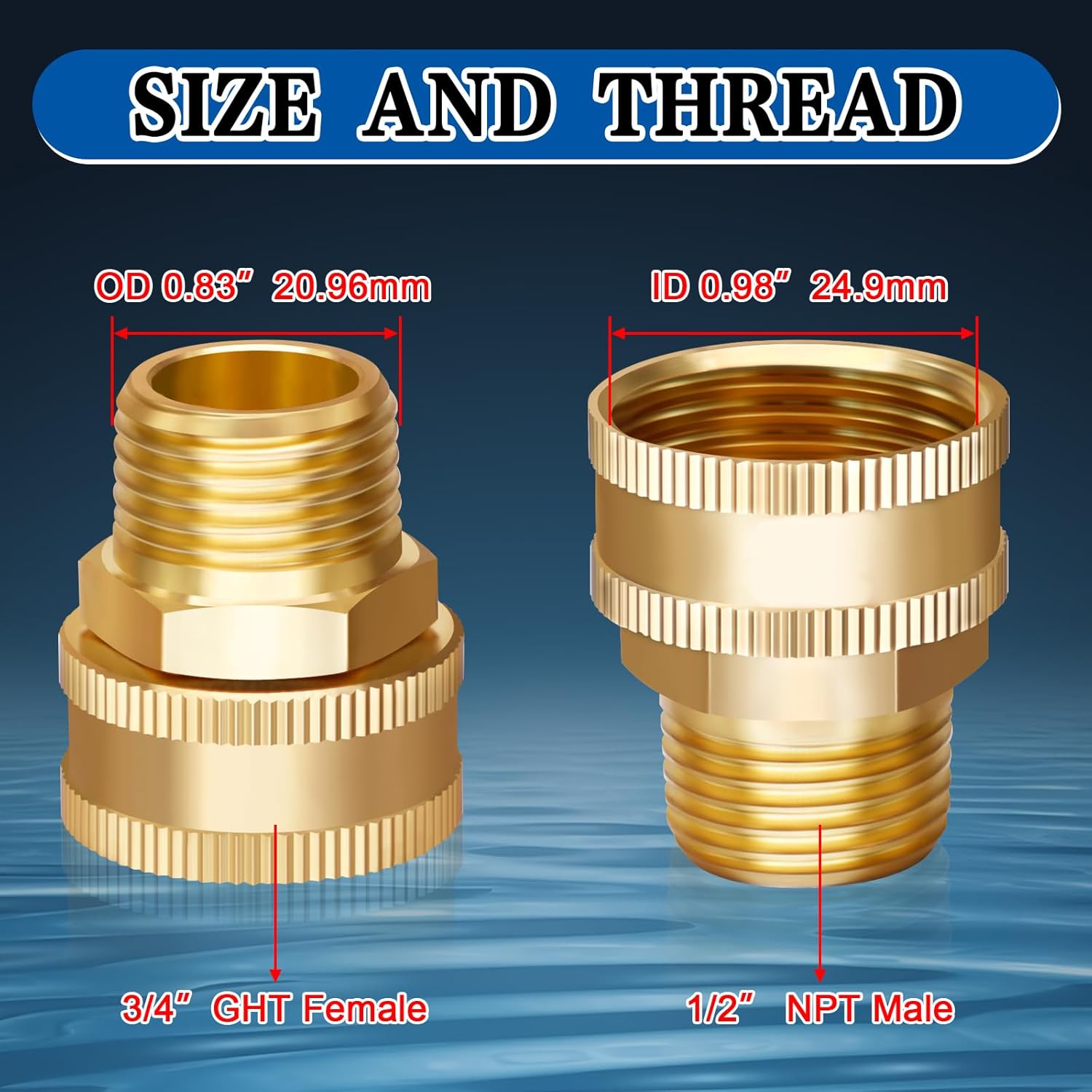 2 Pack Garden Hose Adapter 3/4" GHT Female x 1/2" NPT Male, Heavy Duty Brass GHT to NPT Connector Fittings, Brass Garden Hose to Pipe Fittings Connect