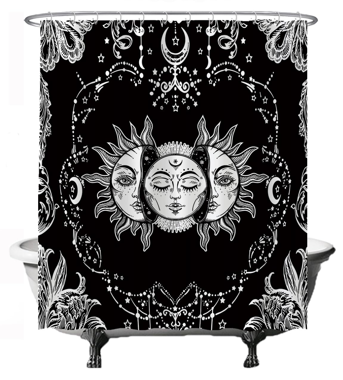 Ulticool Sun Moon Shower Curtain Zodiac Tarot Nature Bohemian Anti-Mildew Effect Washable Waterproof With 12 Rings Black-White 180X200cm