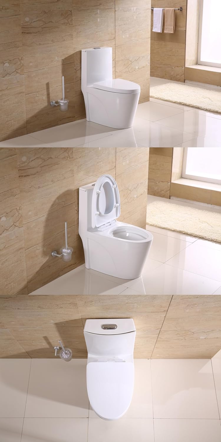 Generic MINIXI Toilet with self lifting seat,Non Electric,Elongated One Piece Toilet,Comfortable Chair Seat Height 17"", Dual Power Flush Toilet 1.1/1.6 GPF and MAP 900g, White, MNX-001