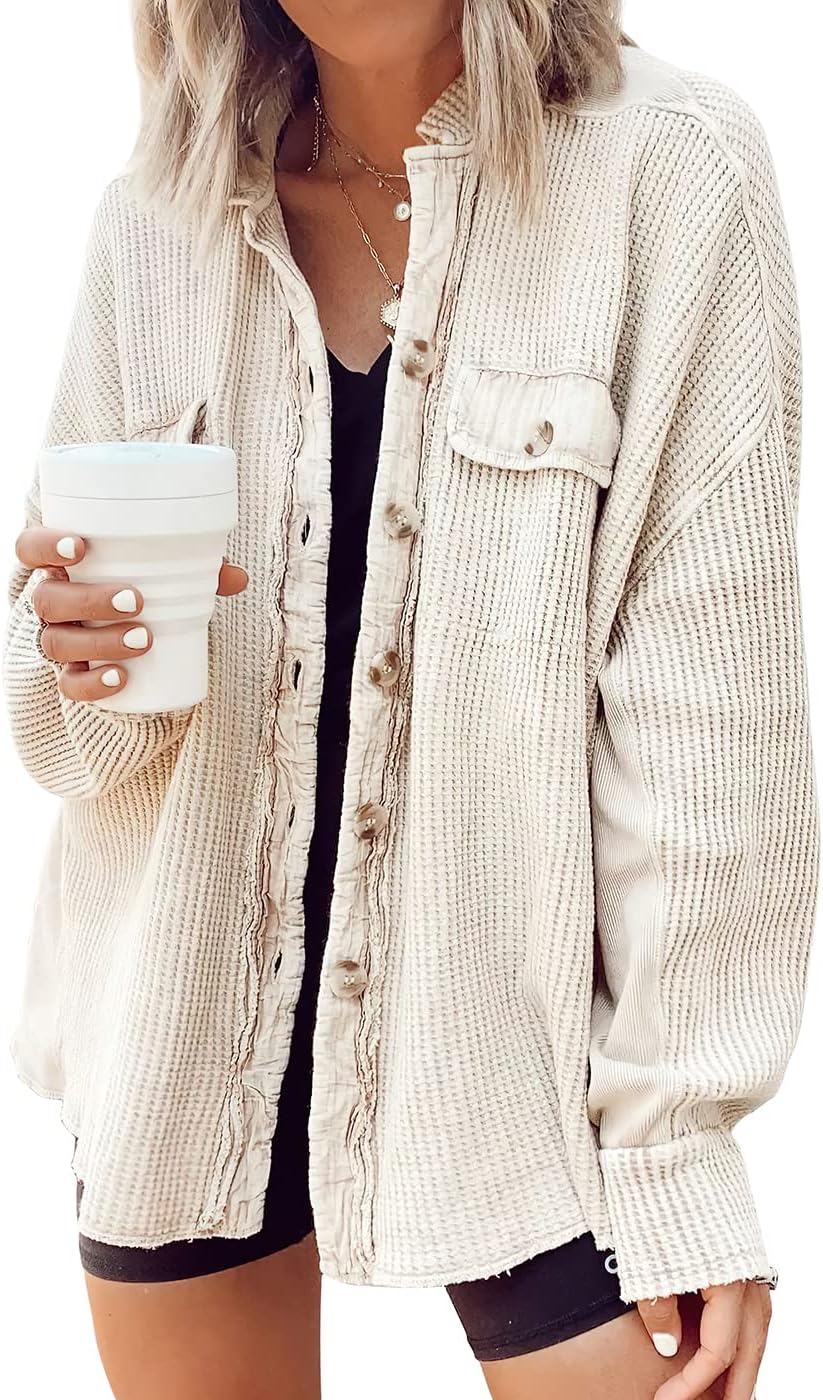 Womens Waffle Knit Shirt Button Down Long Sleeve Lightweight Slouchy Boyfriend Blouse Shacket Tops