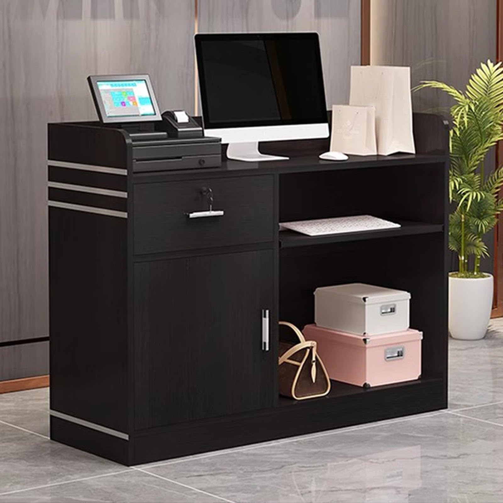 Rezeptionstheke Moderne Ladentheke, Front Desk Rezeptionstheke mit abschließbarer Schublade & Tür Schrank, für Salon Empfangsraum Checkout Büro(Black,80 * 42 * 92cm)