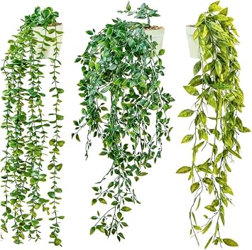 3-pack Fake Hanging Plants Artificial Indoor/Outdoor | Hanging Plants for Room Decor, Wall Shelf, Patio Garden