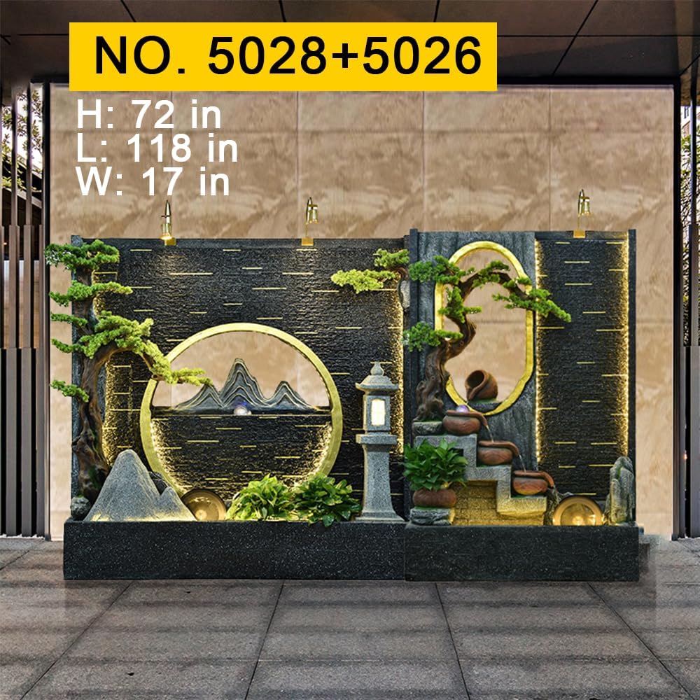 大きな禅風景壁噴水LEDライトと盆栽のアクセント付き – 屋内/屋外の
