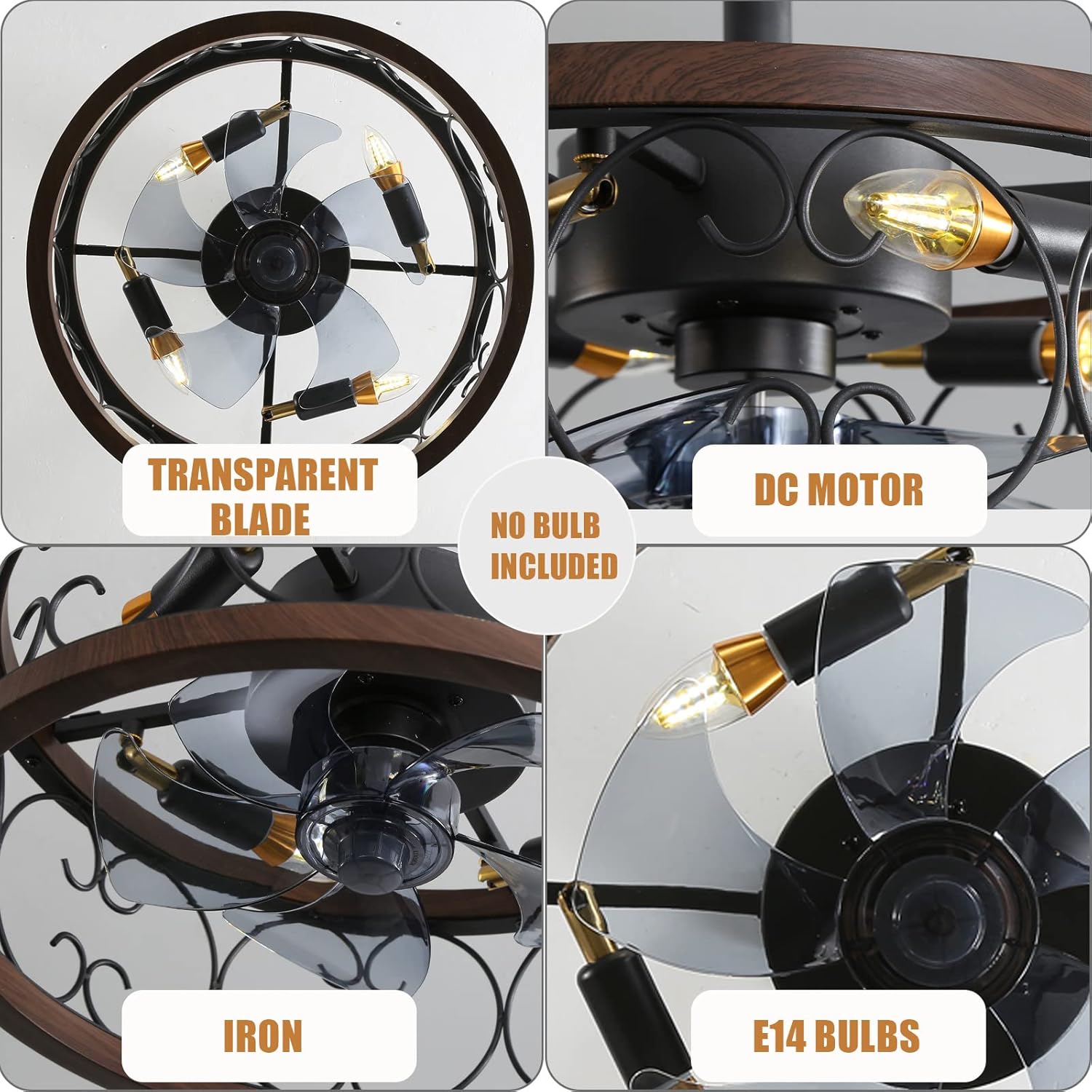 YUEGOO Ceiling Fans with Lamps,Vintage Cage Quiet Fan Chandelier Ceiling Light Dc Reversible Industrial Style 6 Speed Timer Ceiling Fans with Lights and Remote Control for Bedroom Dining Room/Brown