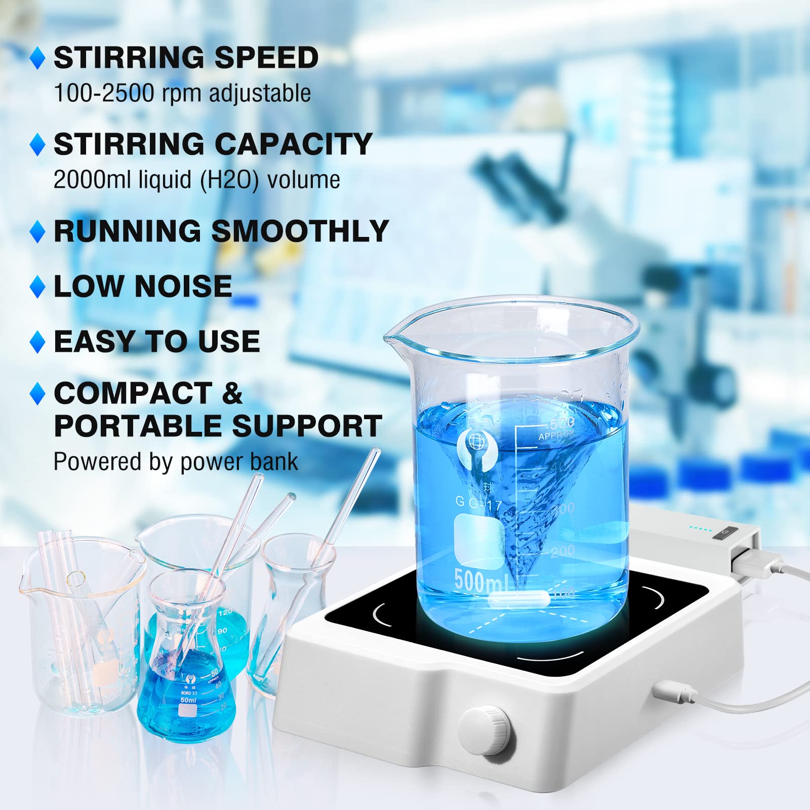 Mini Agitatore Magnetico con Barre di Agitazione 2000 ml Portatile 100-2000 giri/min