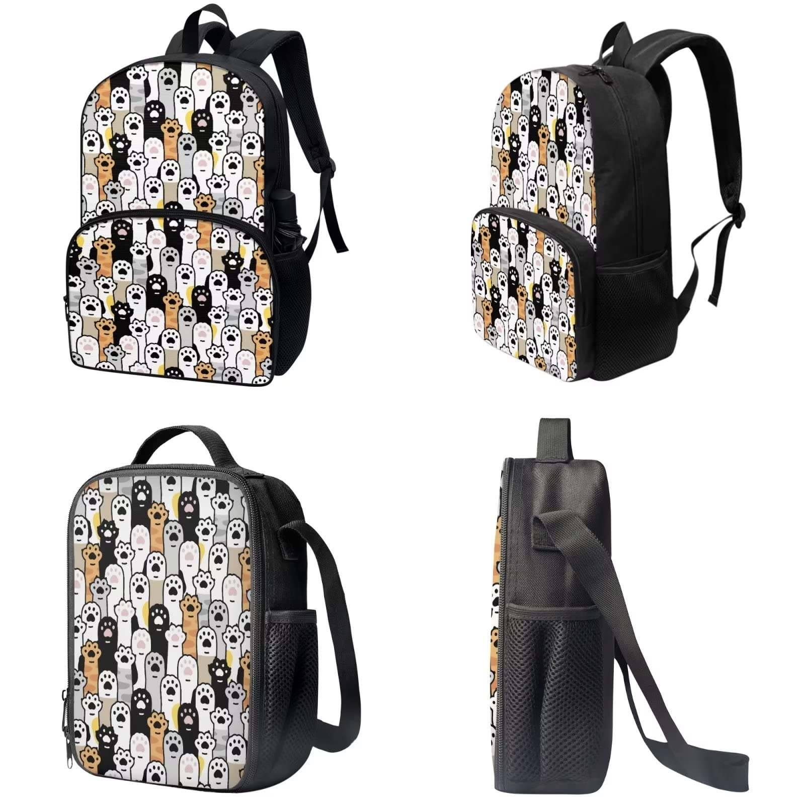 Poceacles Schultasche und Lunchbox-Set für Teenager, Jungen, Grundschule, Büchertasche, Federmäppchen für Grundschulkinder, Cat Paws, Einheitsgröße