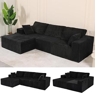 Repantes 110" L Shaped Modular Boneless Sectional Couches for Living Room, Wide Armrest, Deep Seat, Memory Foam, Assembly Free, Modern Comfy Corduroy Fluffy Cloud Sofa with Left Chaise, Black