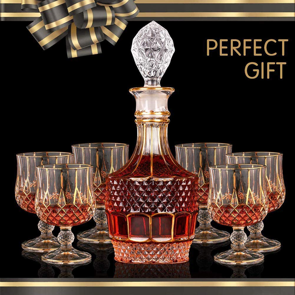 Genérico Juego De Decantador De Cristal, Copa De Whisky con Borde Dorado