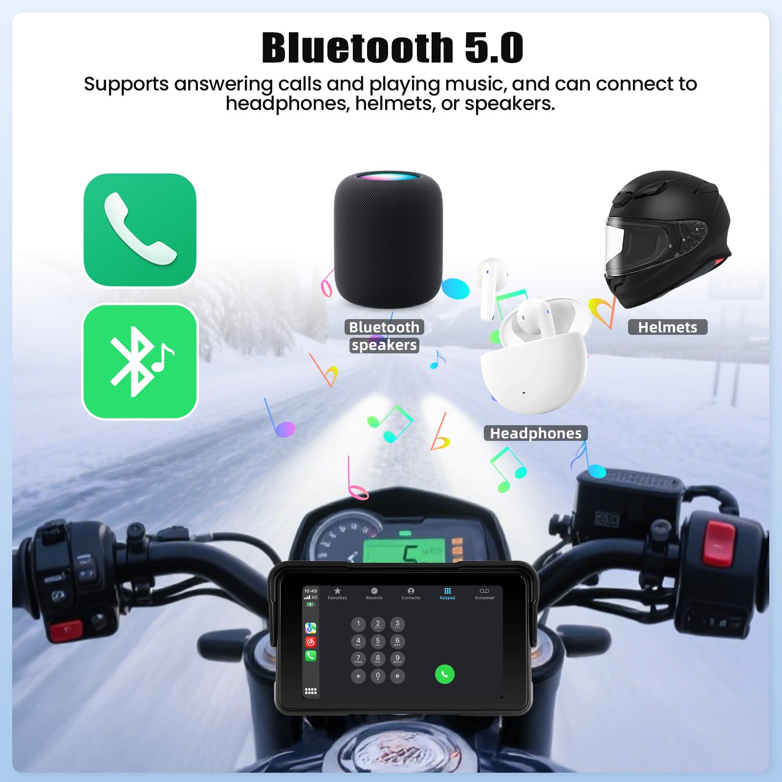 SIXTOP Écran Tactile sans Fil CarPlay et Android Auto pour Moto, 5" Écran Tactile, IP68 Étanche, Écran Portable pour Moto avec Réglage de la Luminosité, Détection de la Pression des pneus