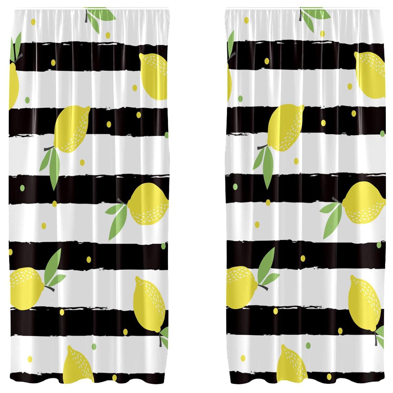 Rideaux décoratifs légers jaune fruit et noir 140x213cm | Voilage rayé à passe-tringle salon