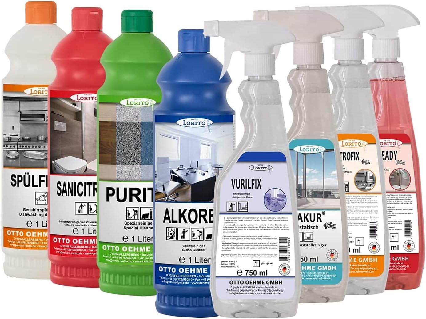 Lorito Cleaning agent set consisting of 1 x all-purpose cleaner, 1 x washing-up liquid, 1 x floor cleaner, 1 x alcohol cleaner, 2 x sanitary cleaners, 1 x degreaser and 1 x glass cleaner