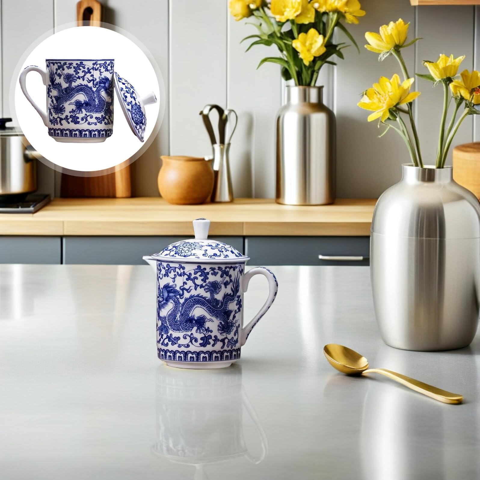 Gatuida Taza de Azul y con Tapa Diseño Retro Gran Capacidad para Café y Té Multipropósito para Hogar y Oficina