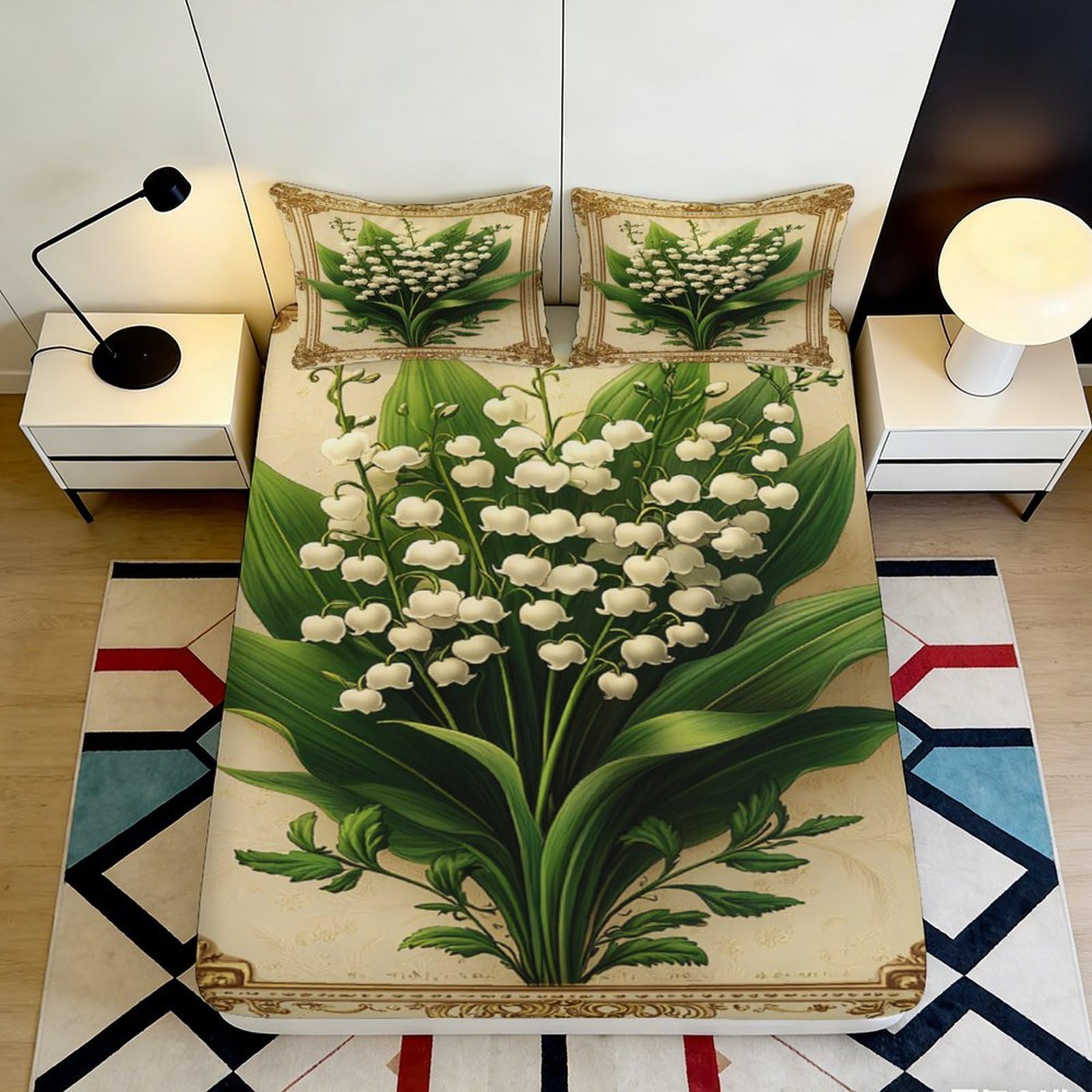 Jqzkxnhpbr Style-9 3D Printed Lily Of The Valley Fitted Sheet Microfiber Green Botanical Mattress Cover For Bedroom Guest Room Decor Easy Care 90X200x25cm