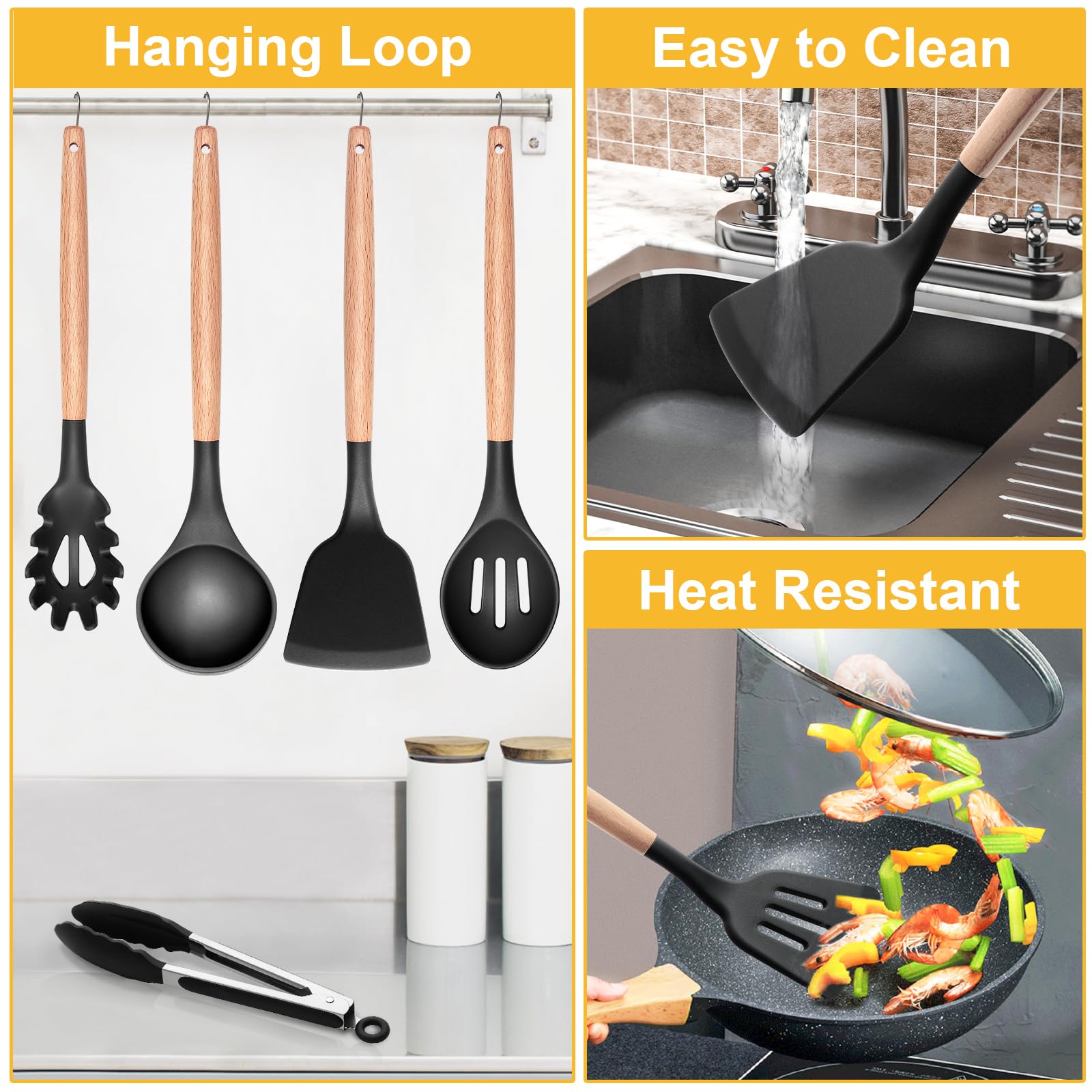 Set Di Utensili Da Cucina In Silicone 12 Pezzi Con Manico In Legno, Antiaderente E Resistente Al Calore - Colore Cachi