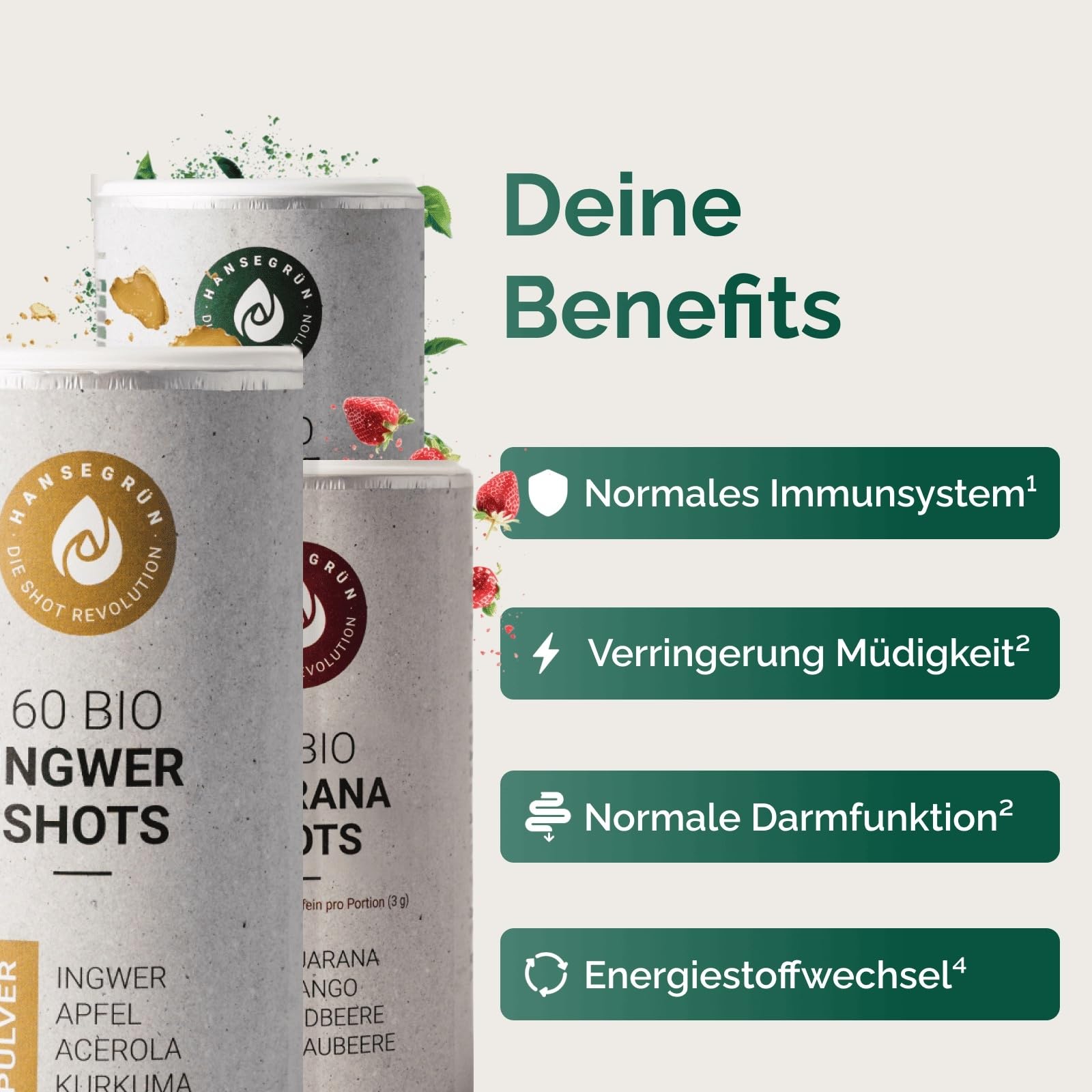 Hansegrün - Kennlernset - Bio-Shots mit Ingwer, Greens & Guarana (150 Shots) - Veganes Superfood-Pulver zur Stärkung von Immunsystem¹, Darmfunktion³ & täglicher Energie² - 100% echte Zutaten