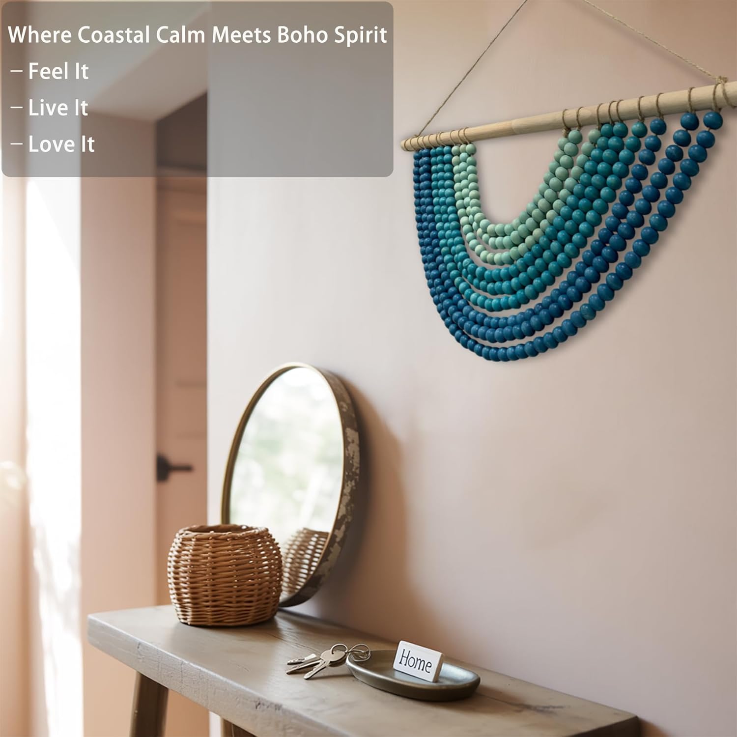 Fenisam Boho Chic Wooden Bead Garland Wall Hanging Tapestry, Natural-Inspired Home Decor for Living Room, Bedroom, Entryway, Nursery, Apartment & Dorm (Coastal Breeze Gradient, 24 Inches)