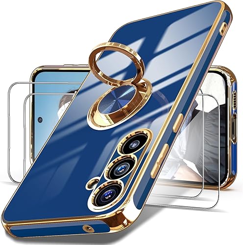 Dretal Funda para Samsung Galaxy S23 FE 5G, 2 protectores de pantalla de vidrio templado, soporte de anillo giratorio de 360, soporte magnético,