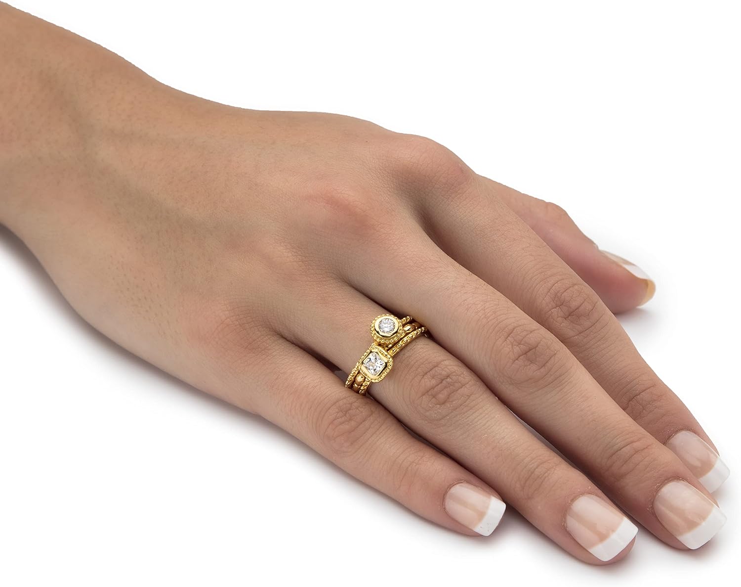 Palm Beach Jewelry 18K Yellow Gold over Sterling Silver Round and Princess Cut Cubic Zirconia 3 Piece Stable Ring Set